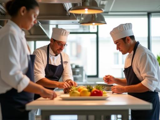 Southern Star Culinary head chef collaborating with team in a bright, modern kitchen