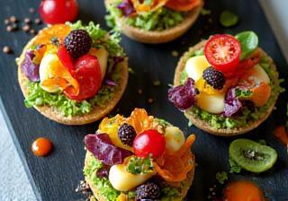 Colorful vegan canapés on slate platter