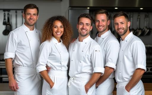 Chef team posing in modern commercial kitchen