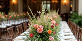 Elegant event set up with flower arrangements and tasting platters