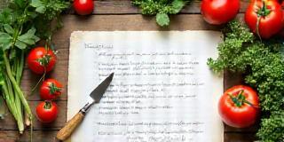 Handwriting recipes surrounded by fresh produce